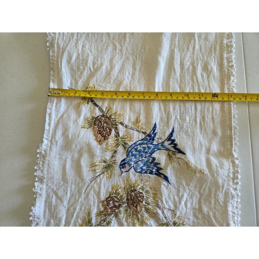 Vintage Hand Embroidered Table Runner Blue Bird Pinecone Lace 13x40 White